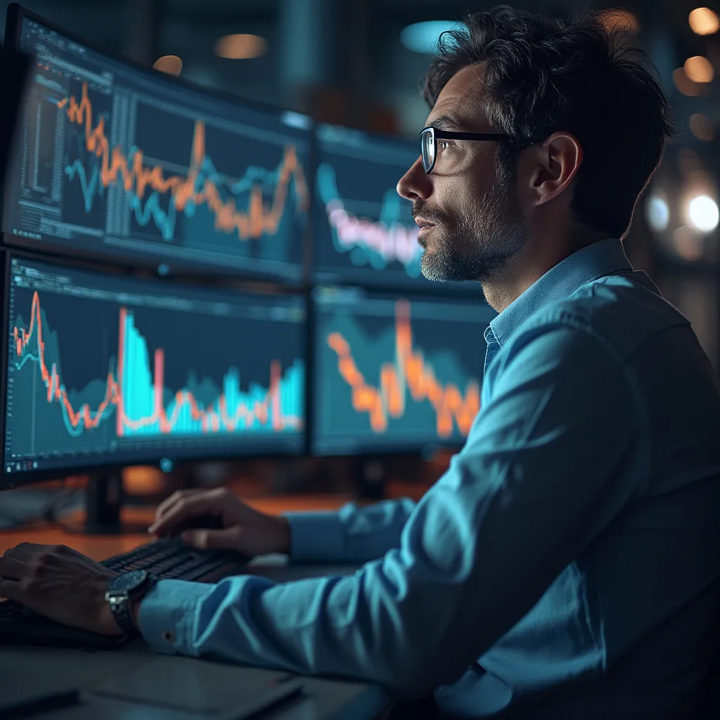 Consultor analizando datos en múltiples pantallas