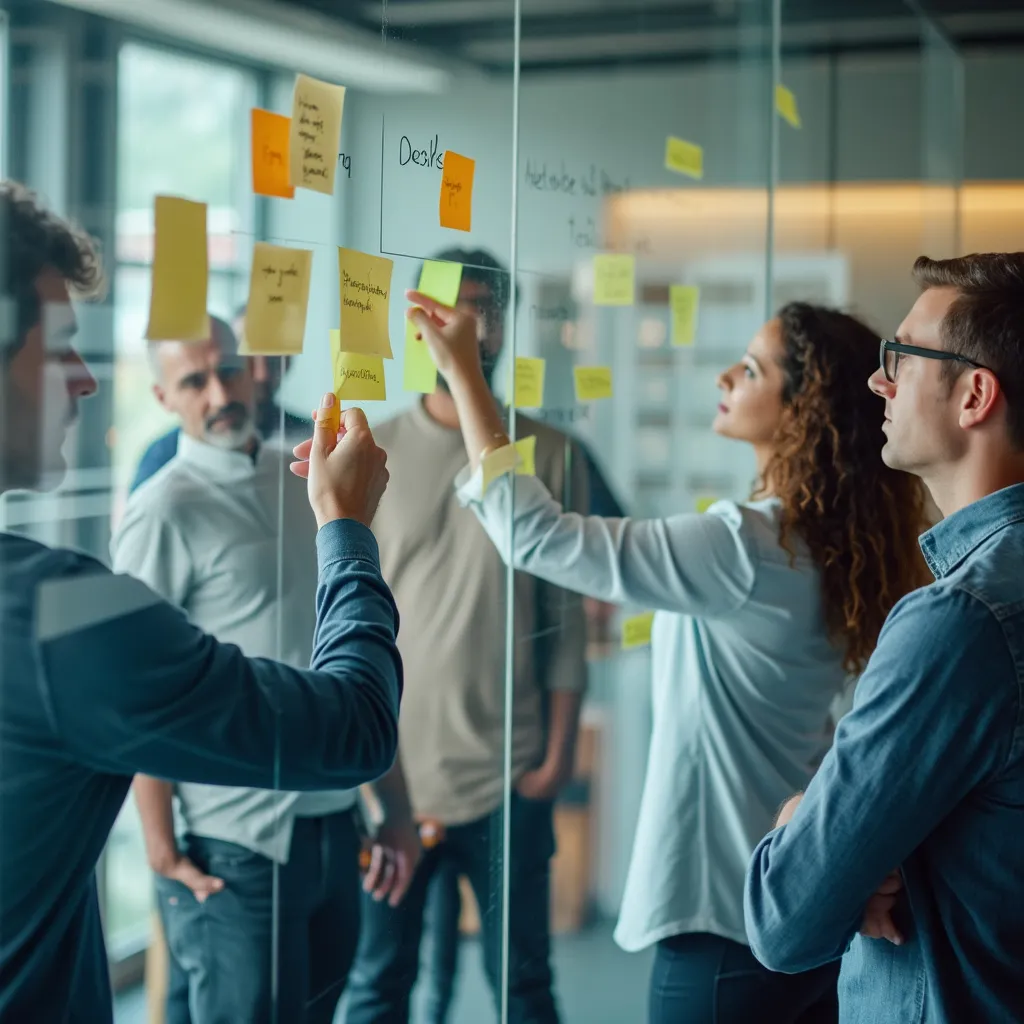 Grupo de personas trabajando en un taller colaborativo con post-its